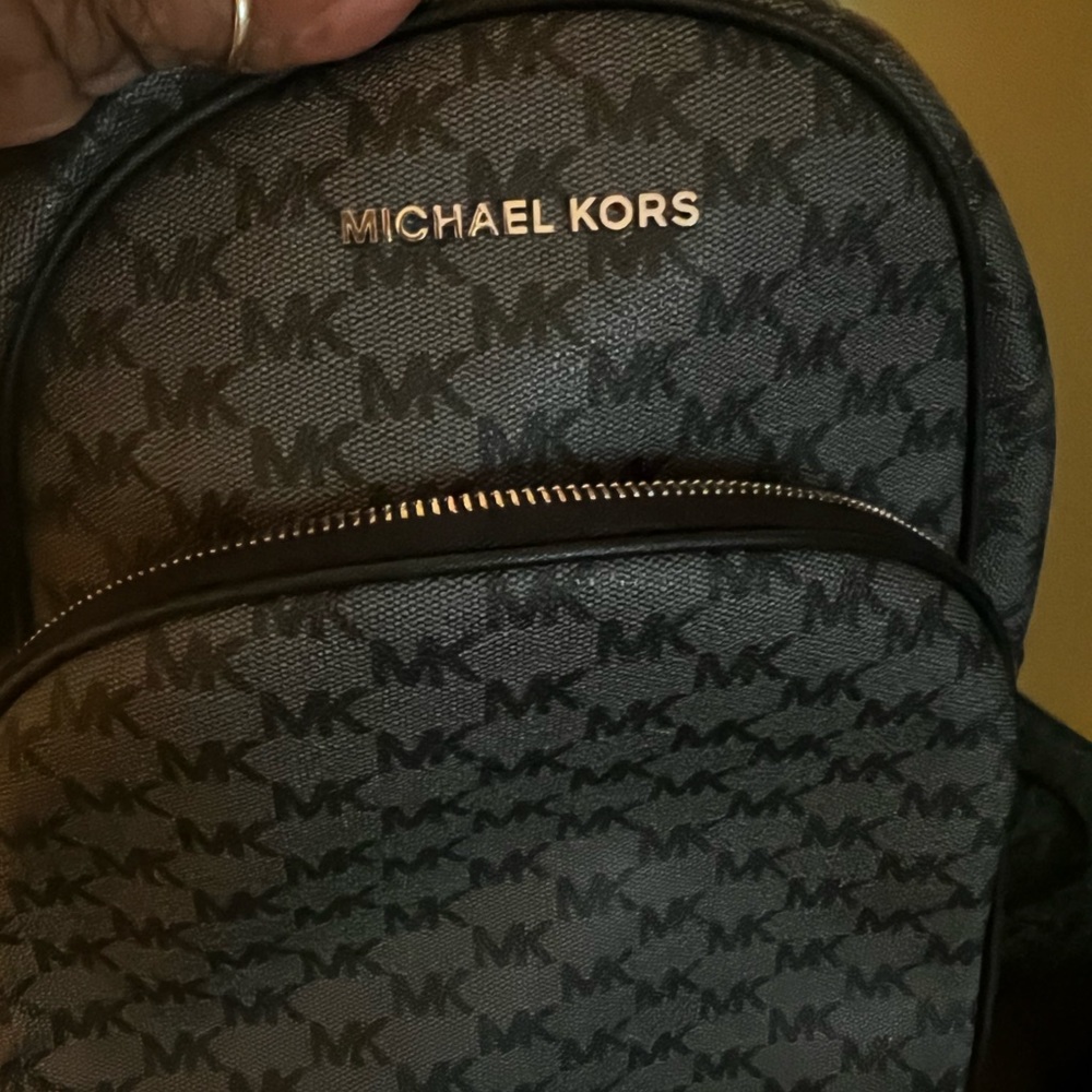 Michael Kors Black Leather MK Logo Medium Backpack with Silver Metal Zip